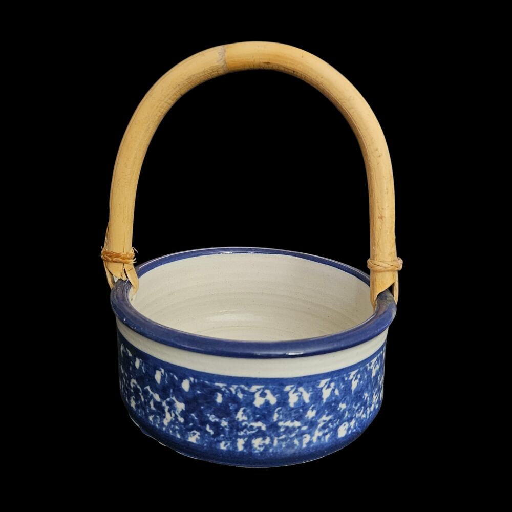 Vintage Blue Spongeware Pottery Basket Bowl Woven Handle Country Decor